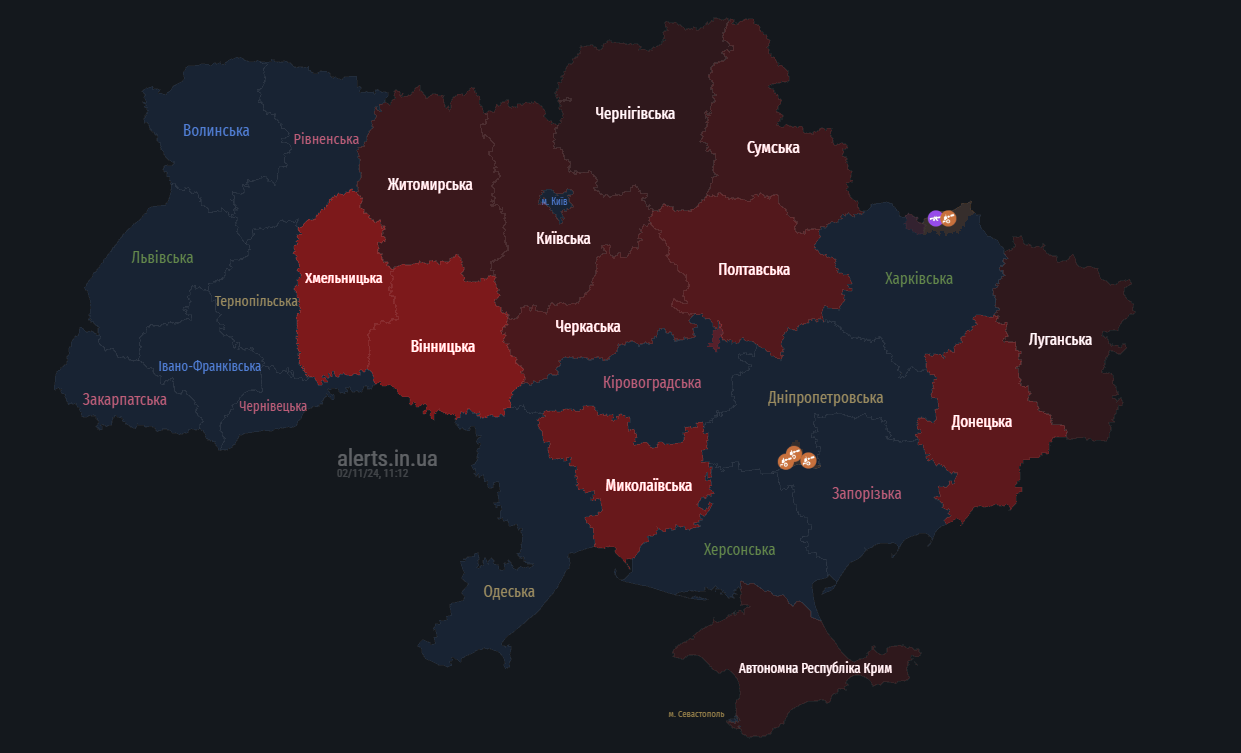 карта повтряної тривоги в Україні 2 листопада