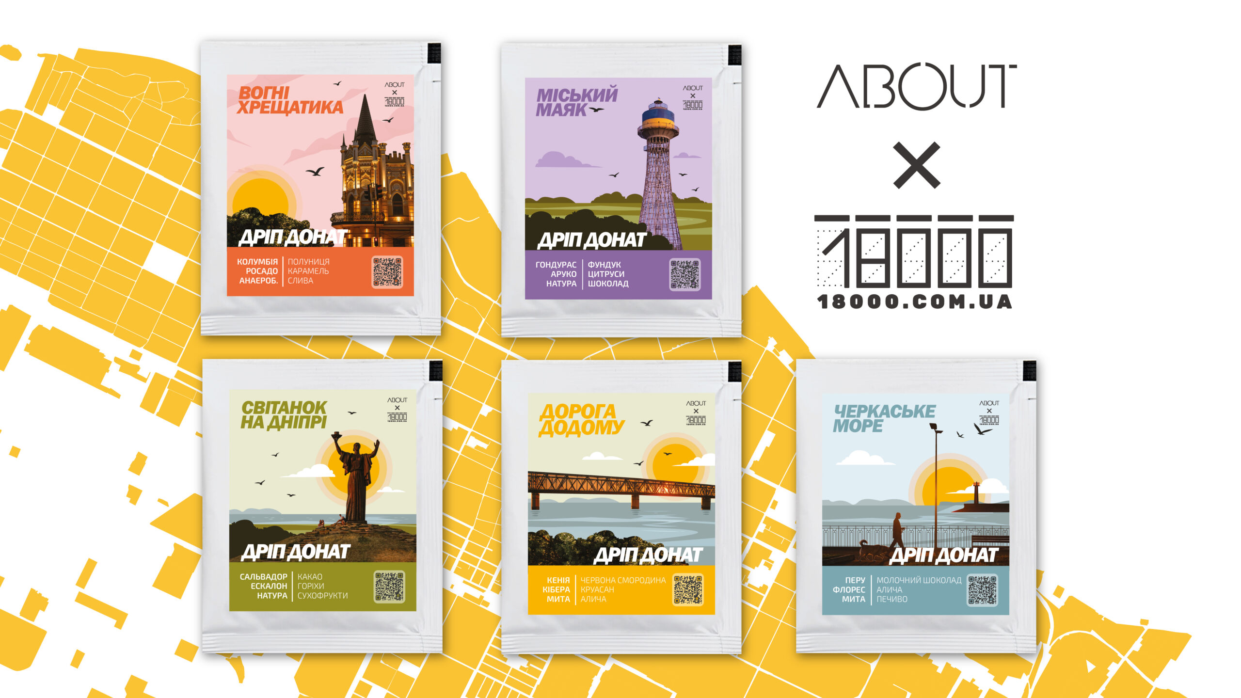 благодійна дріп-кава з краєвидами Черкас на пакуванні