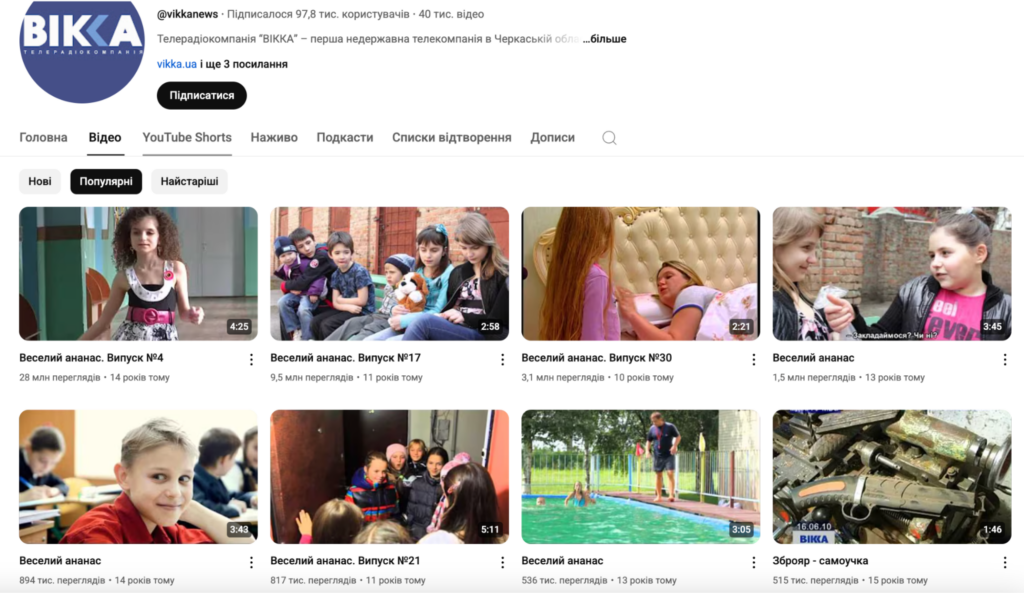 ютуб-канал черкаського телеканалу Вікка