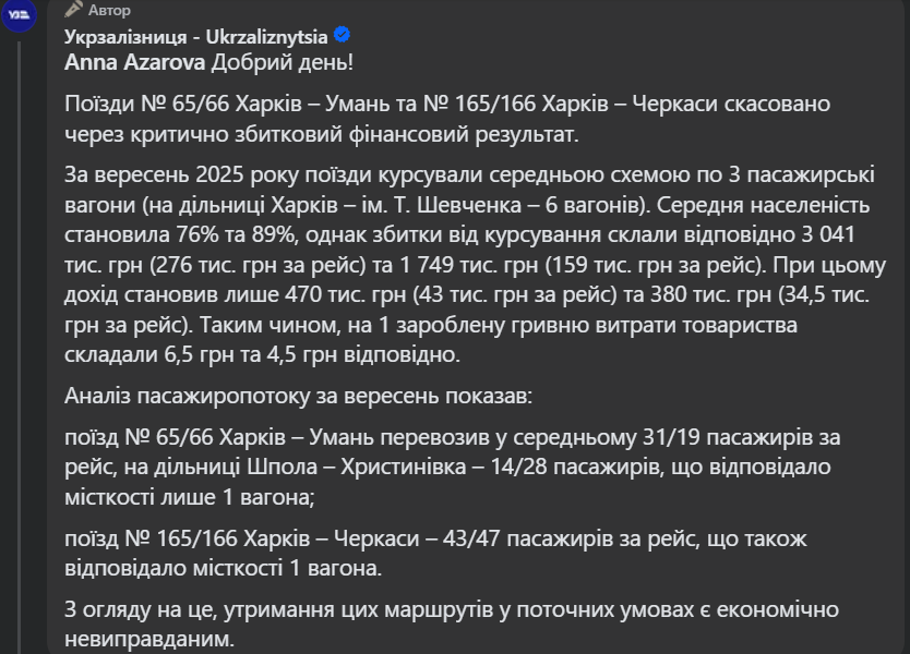 УЗ про Умань-Харків та Черкаси-Харків