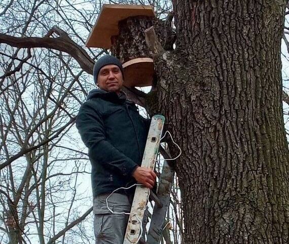 чоловік встановлює дуплянку