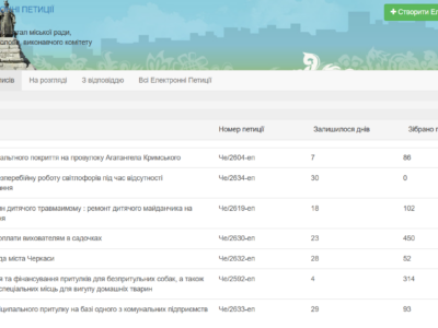 Скрин сайту Черкаської міської ради з петиціями