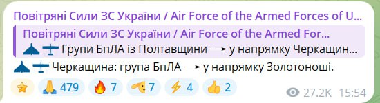 Черкащиною рухається група БпЛА, – Повітряні сили