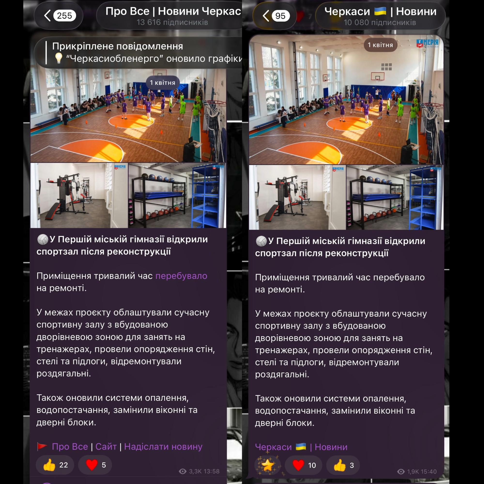 Телеграм-канал «Черкаси | Новини» скопіював повідомлення про відкриття спортзалу медіа «Про все»