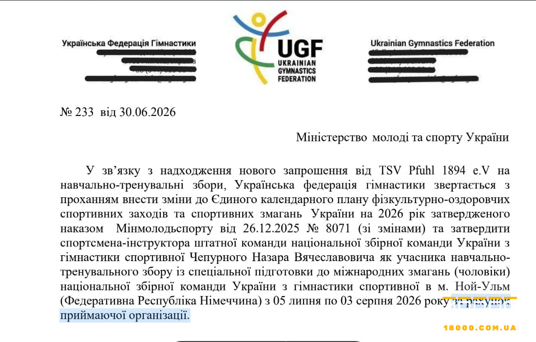 Лист від федерації гімнастики до міністерства щодо Чепурного